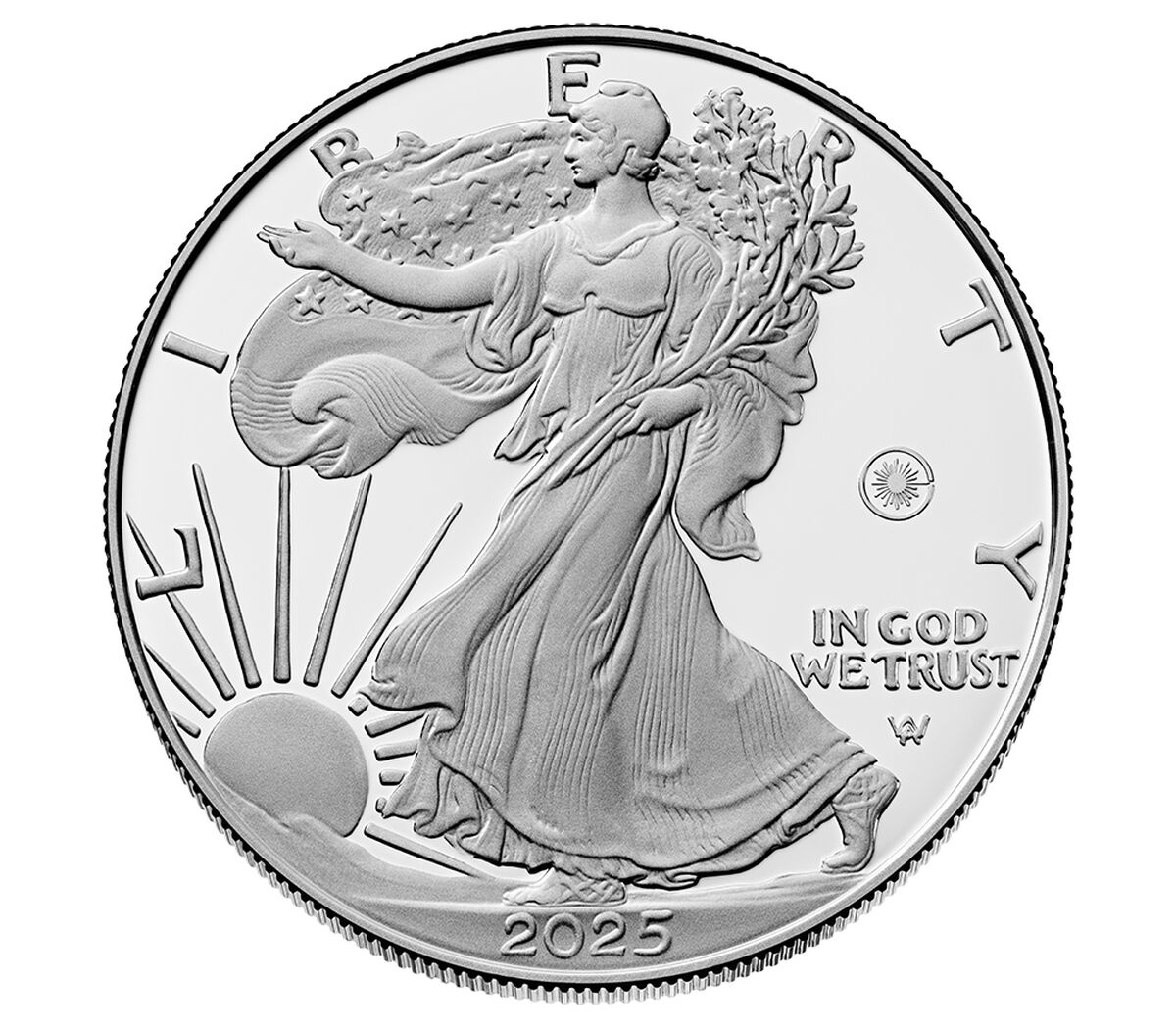 Silver coin with 'In God We Trust' inscription featuring a person holding an American flag.