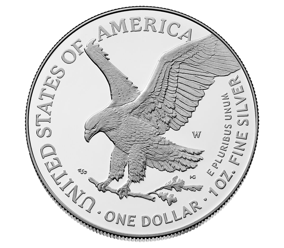 Silver American Eagle dollar coin with an eagle design on a white background