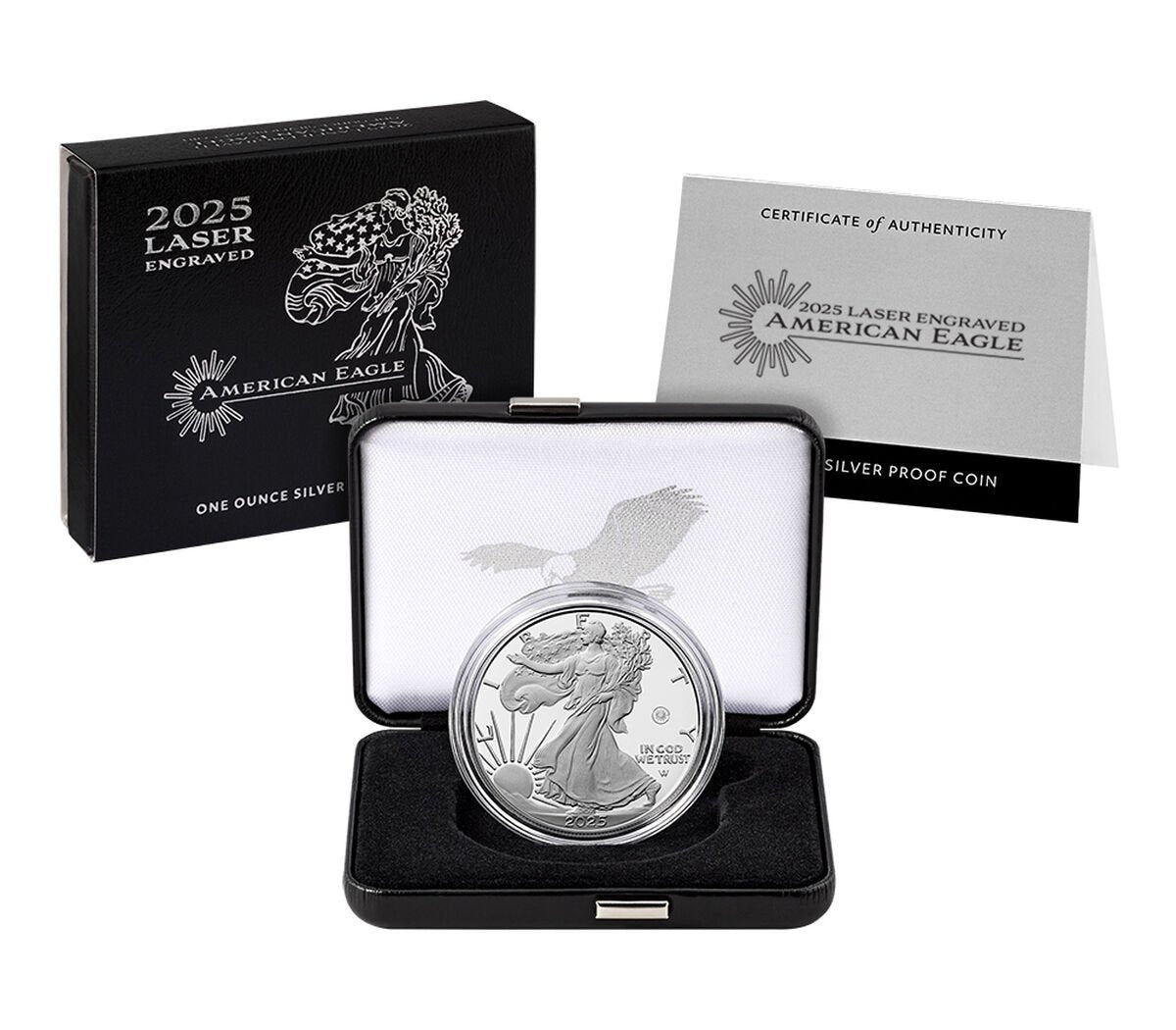 Silver coin in display case with certificate of authenticity and packaging on a white background