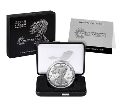 Silver coin in display case with certificate of authenticity and packaging on a white background