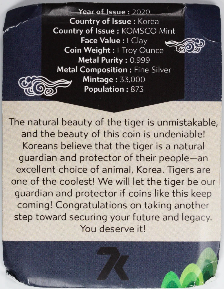 2020 S. Korea 1 oz Silver Medal Korean Tiger NGC MS 70 w/ CoA