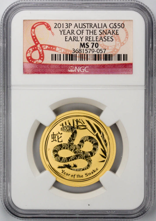 2013 P Australia 1/2 oz Gold $50 Year of the Snake NGC MS 70 Early Releases