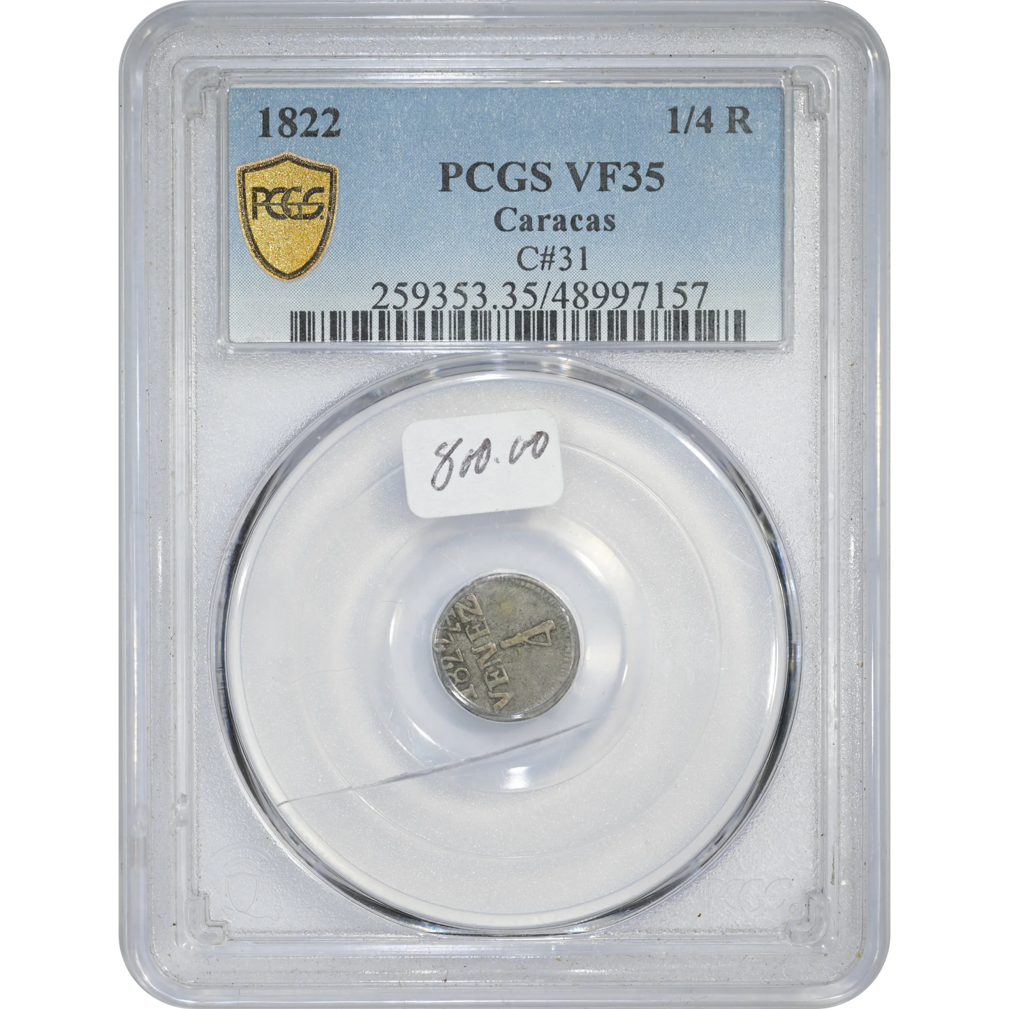 1822 Venezuela Caracas 1/4 Real PCGS VF35 C#31