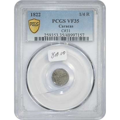 1822 Venezuela Caracas 1/4 Real PCGS VF35 C#31