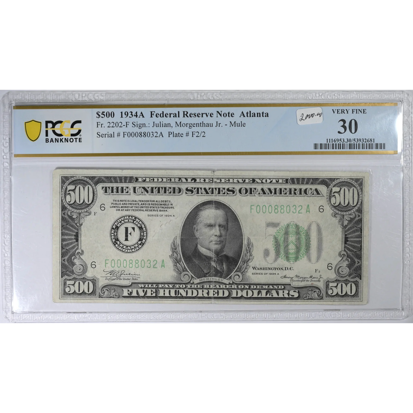 1934 (A) $500 Federal Reserve Note Atlanta PCGS VF 30