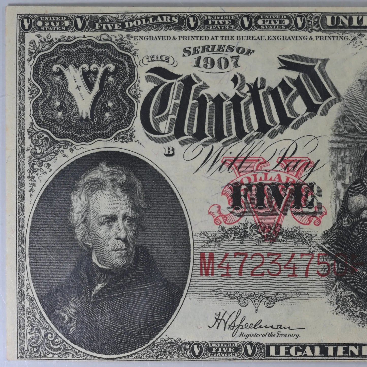 1907 $5 Legal Tender Woodchopper PCBLIC Error PCGS Choice AU 58