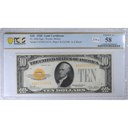 1928 $10 Gold Certificate Fr. 2400 PCGS Choice AU 58