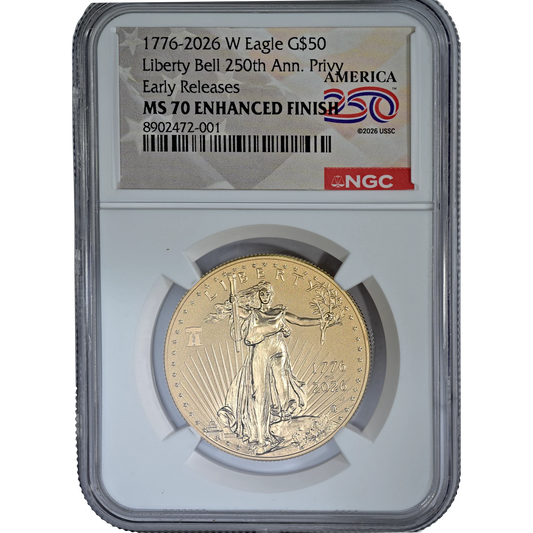 2026 W Enhanced Unc $50 American Gold Eagle 250th Liberty Bell Privy NGC MS70 ER