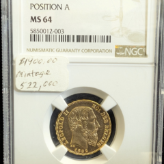 1882 Belgium 20 Fr Position A Gold NGC MS 64