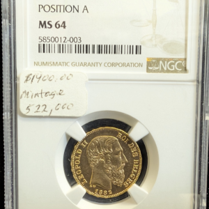 1882 Belgium 20 Fr Position A Gold NGC MS 64