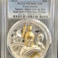 2023 Cook Islands Sparta Select Gilt 3 Oz Silver PCGS PR 70 DCAM – High Relief First Day of Issue